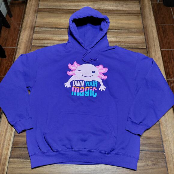 Gildan Purple Pullover Hoodie Axolotl "Own Your Magic" - Size Large - Picture 1 of 5